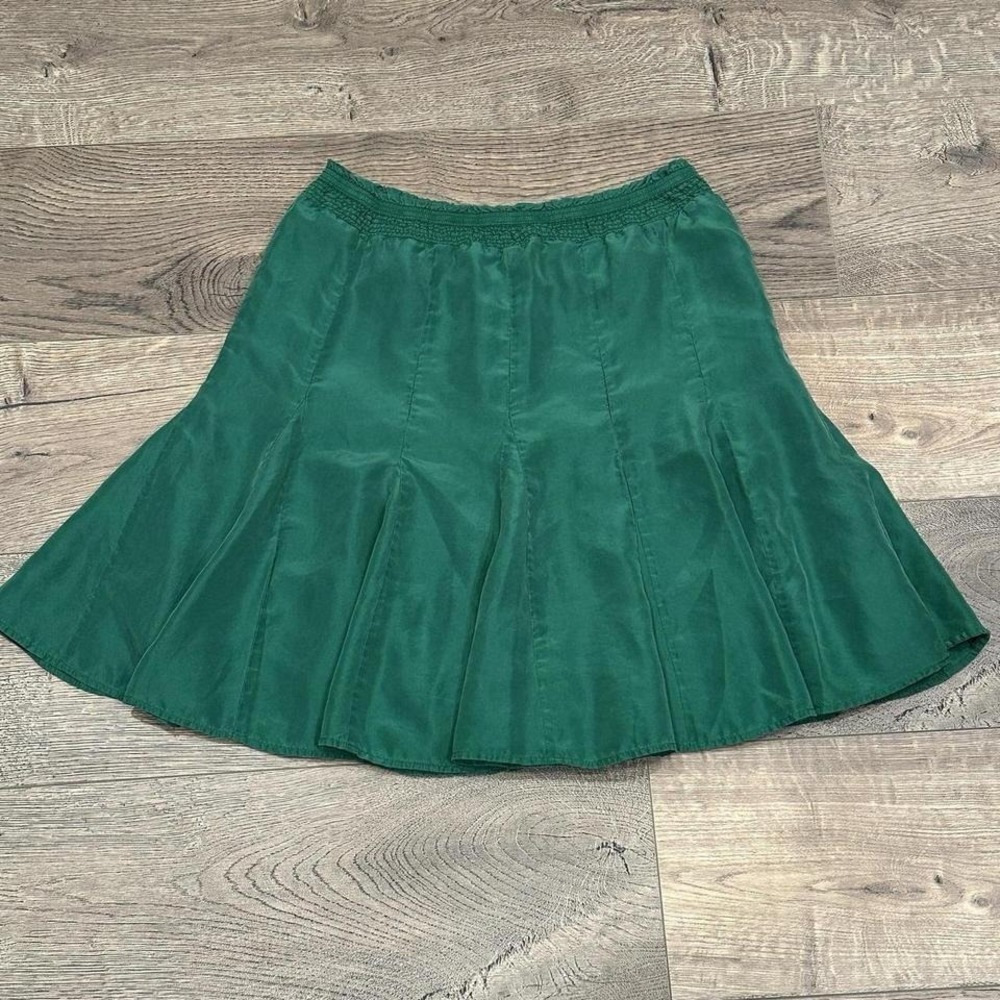 BANANA REPUBLIC Women Silk Skirt 2 Green Smocked Flare‎ Mini Knee Length Luxe